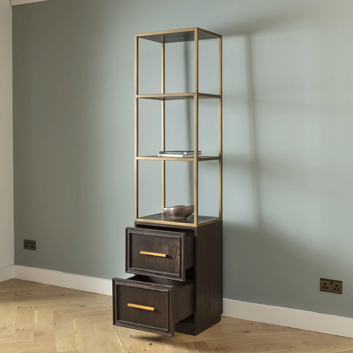 Tall Modern Bookshelf Display Unit Cabinet Brown Oak Brass 200cm – image 5