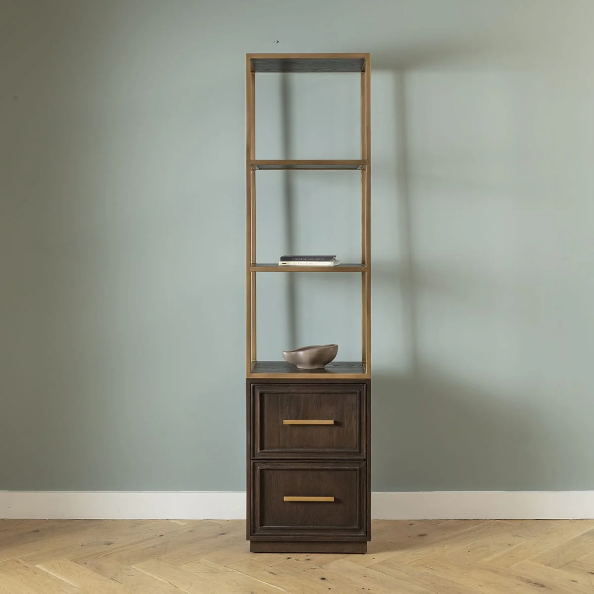 Tall Modern Bookshelf Display Unit Cabinet Brown Oak Brass 200cm – image 6