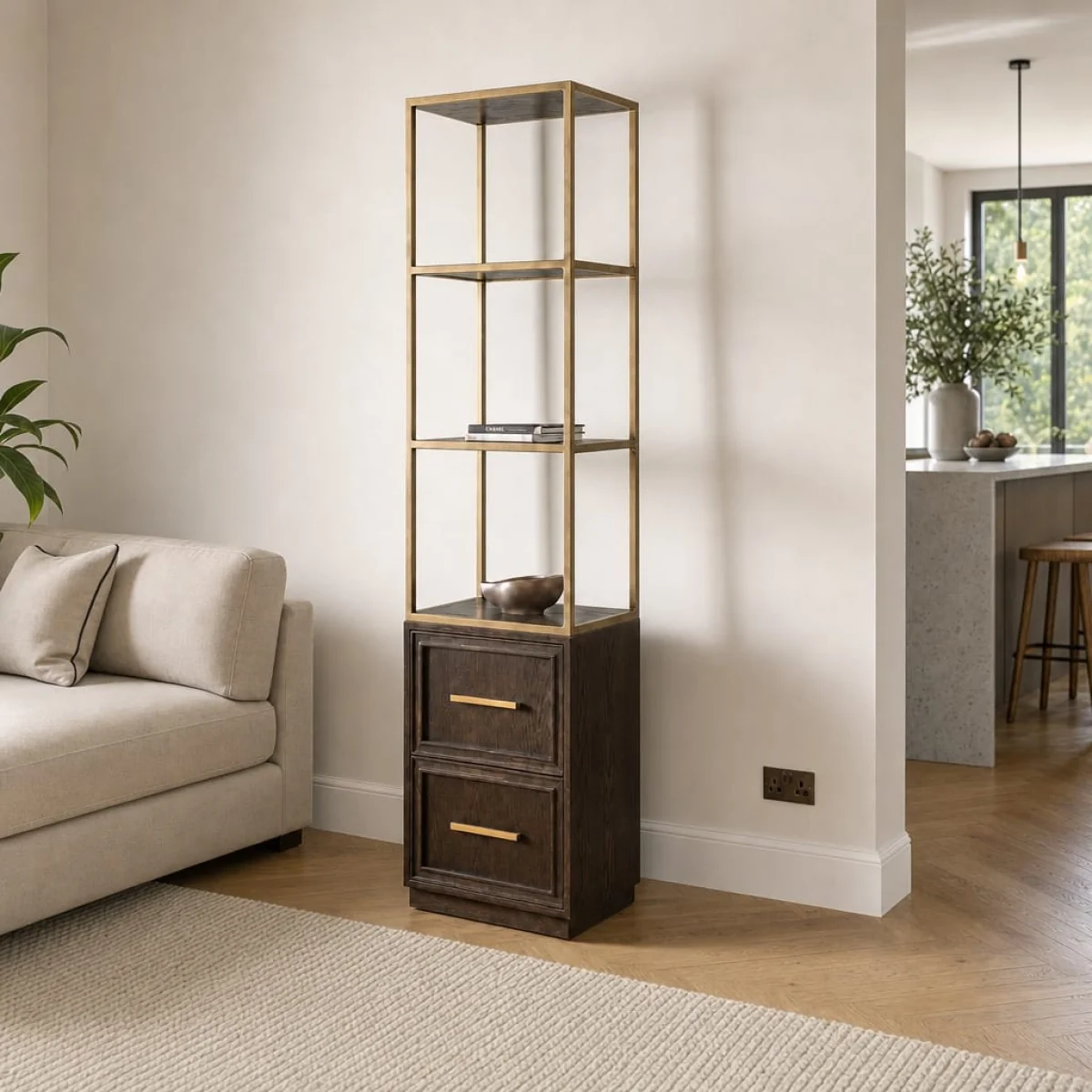 Tall Modern Bookshelf Display Unit Cabinet Brown Oak Brass 200cm – image 1