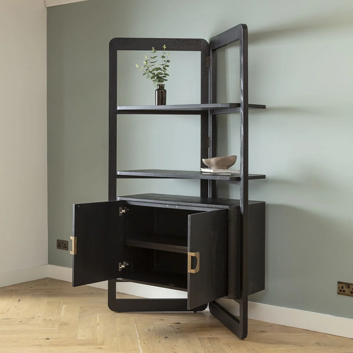 Unique Tall Bookshelf Display Unit Cabinet Black Oak Brass 203cm – image 2