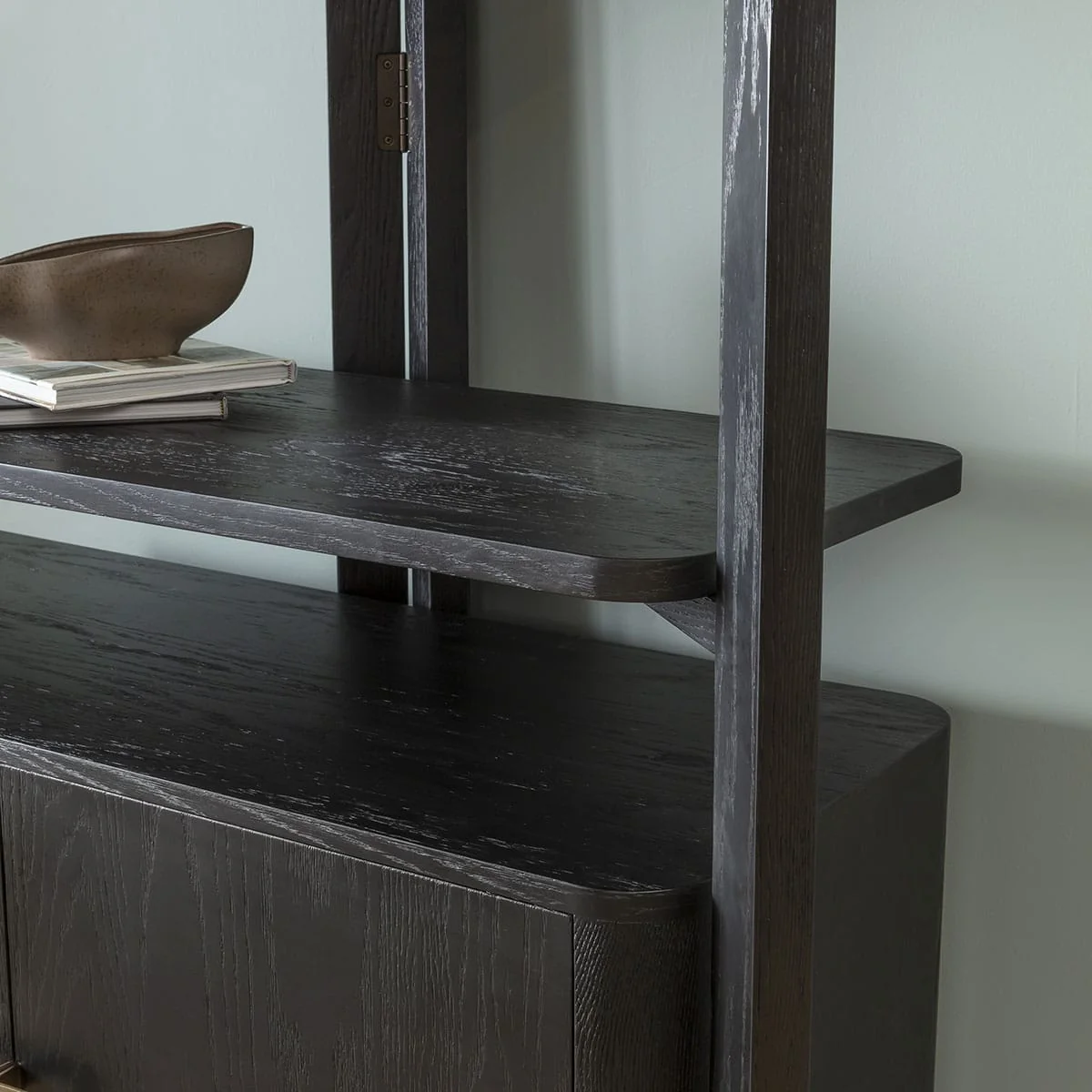 Unique Tall Bookshelf Display Unit Cabinet Black Oak Brass 203cm – image 3