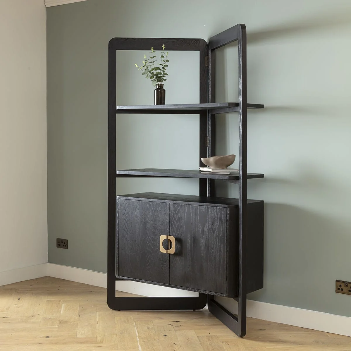 Unique Tall Bookshelf Display Unit Cabinet Black Oak Brass 203cm – image 4
