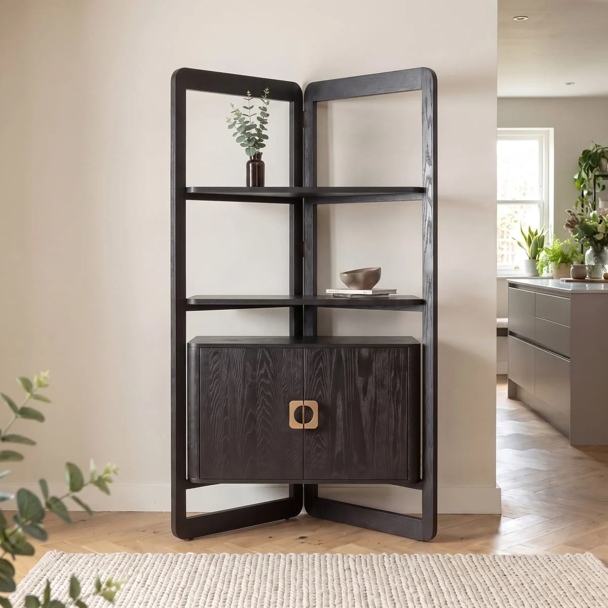 Unique Tall Bookshelf Display Unit Cabinet Black Oak Brass 203cm – image 1