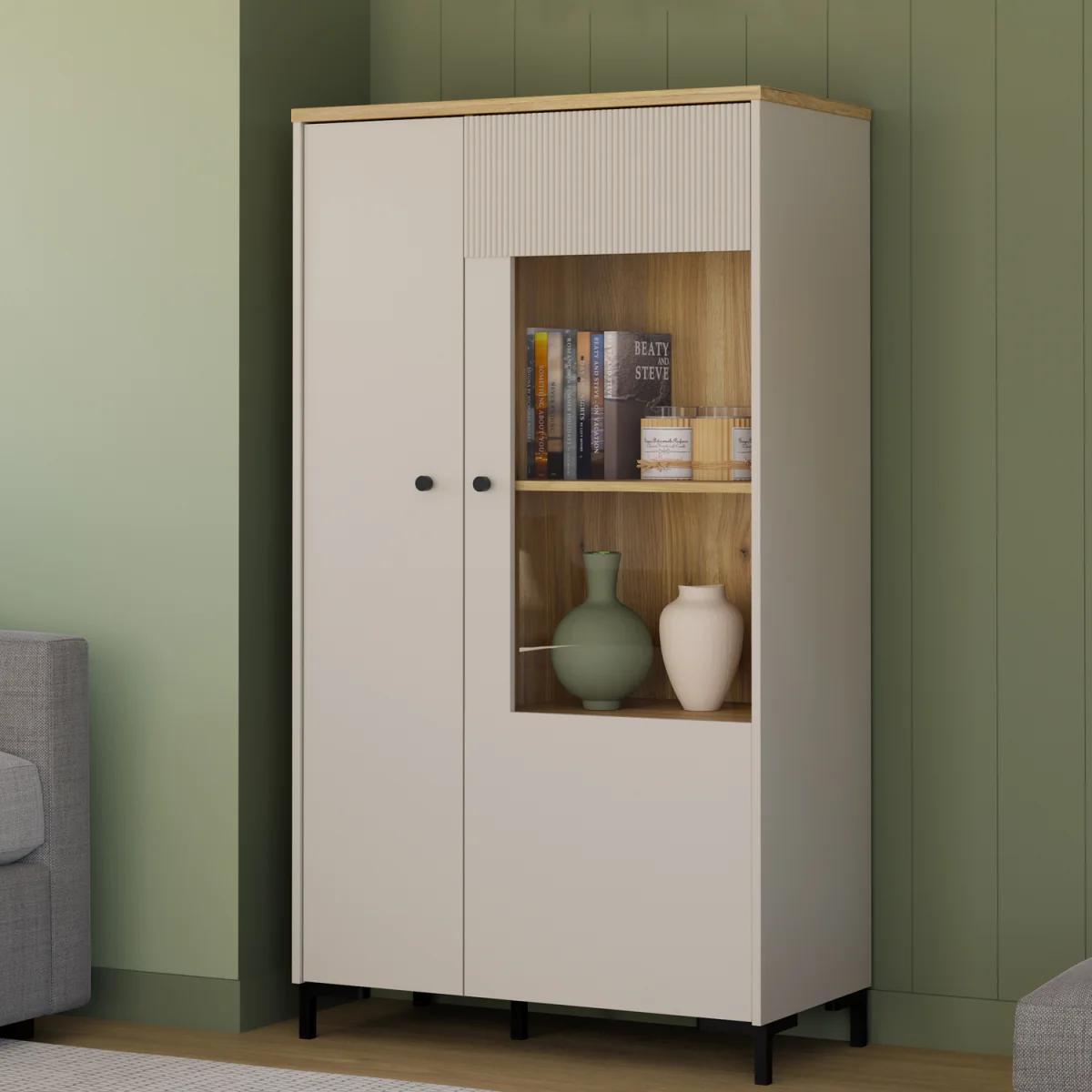 Bixbite Display Cabinet with Fluted Detail, Doors & Open Shelving in Mauvella Oak and Sand - Mauvella Oak & Sand – image 2