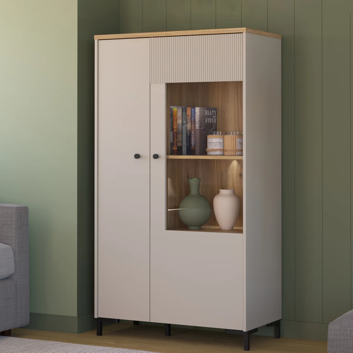 Bixbite Display Cabinet with Fluted Detail, Doors & Open Shelving in Mauvella Oak and Sand - Mauvella Oak & Sand – image 5