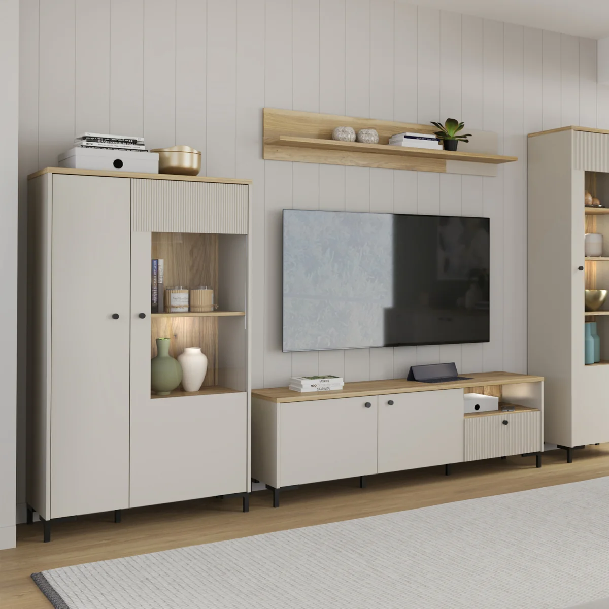 Bixbite Display Cabinet with Fluted Detail, Doors & Open Shelving in Mauvella Oak and Sand - Mauvella Oak & Sand – image 6