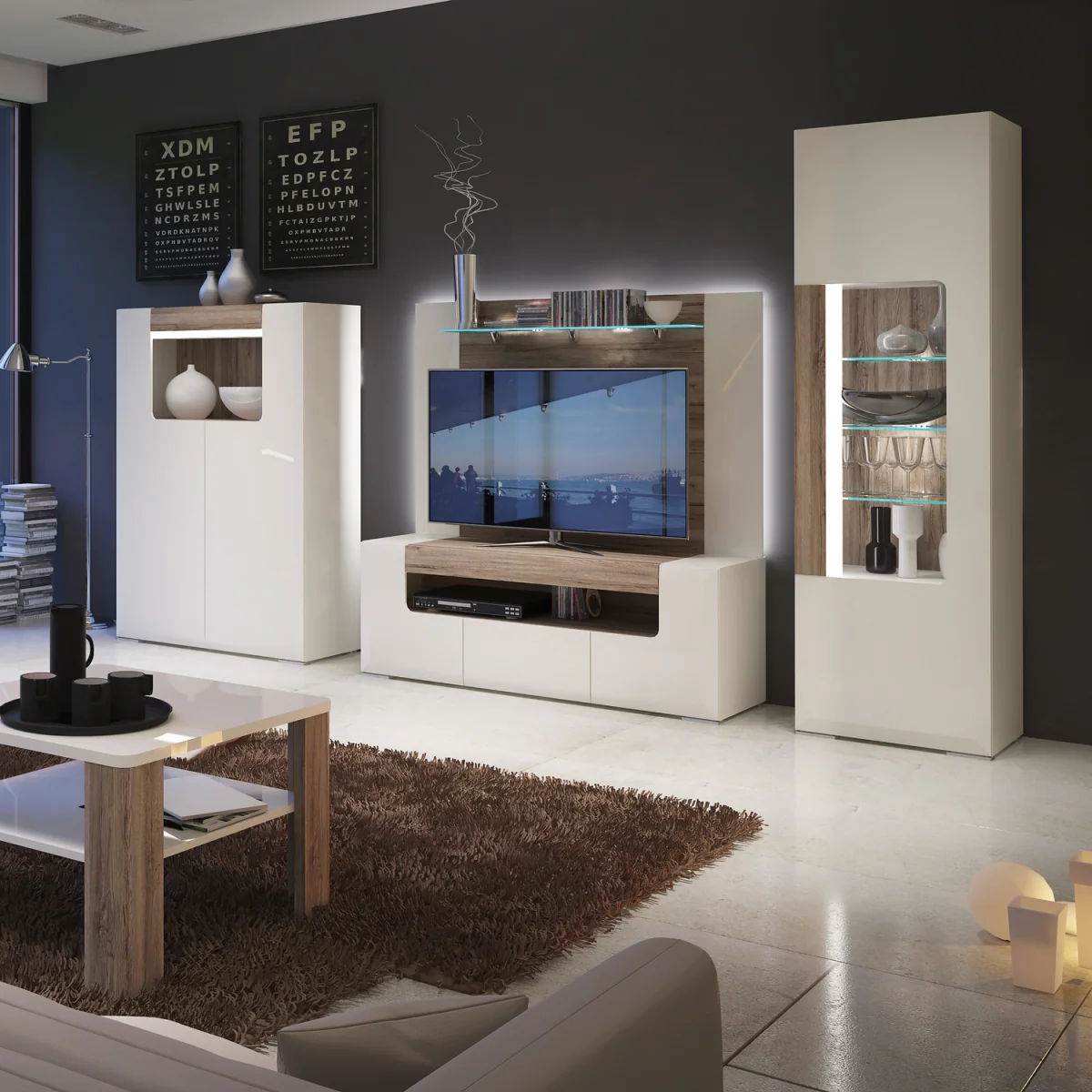 Toronto Tall Narrow Glazed Display Cabinet with Internal Shelves (inc. Plexi Lighting) - White & Oak – image 5