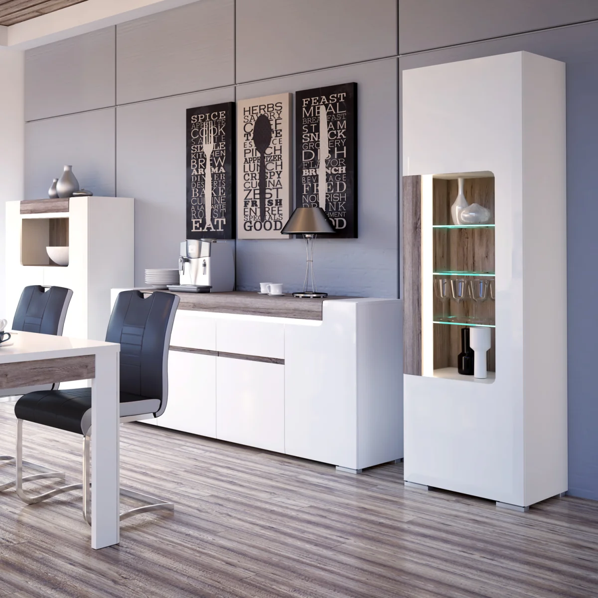 Toronto Tall Narrow Glazed Display Cabinet with Internal Shelves (inc. Plexi Lighting) - White & Oak – image 7