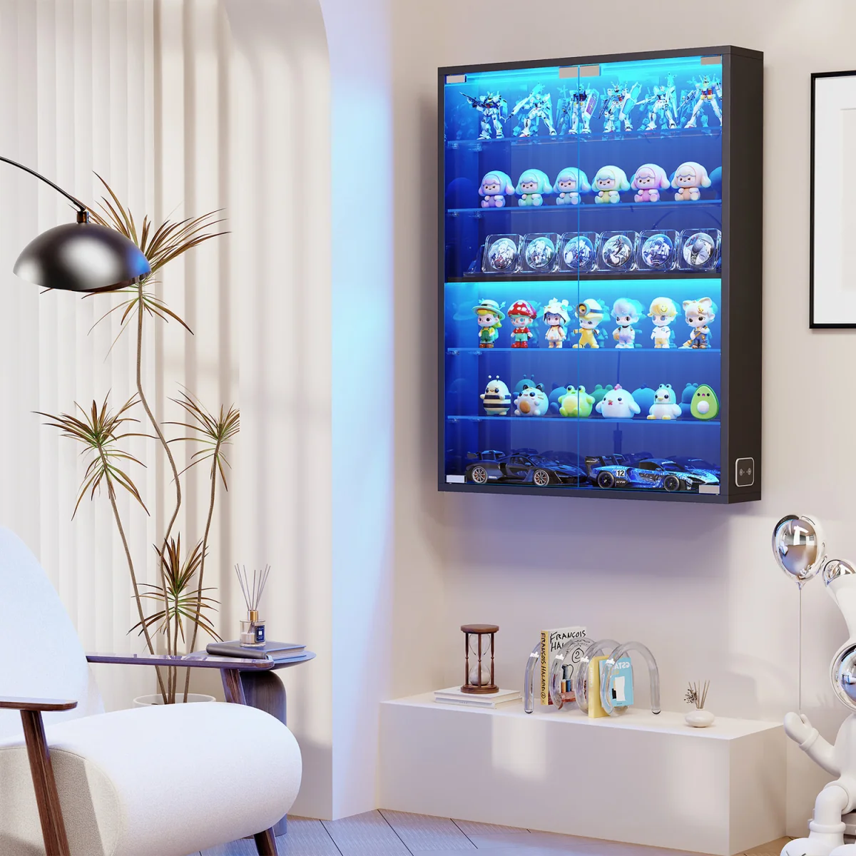 6-Tier Wall Display Case with Glass Doors, LED Sports Card Display Case with Adj - Black / 60cm – image 3