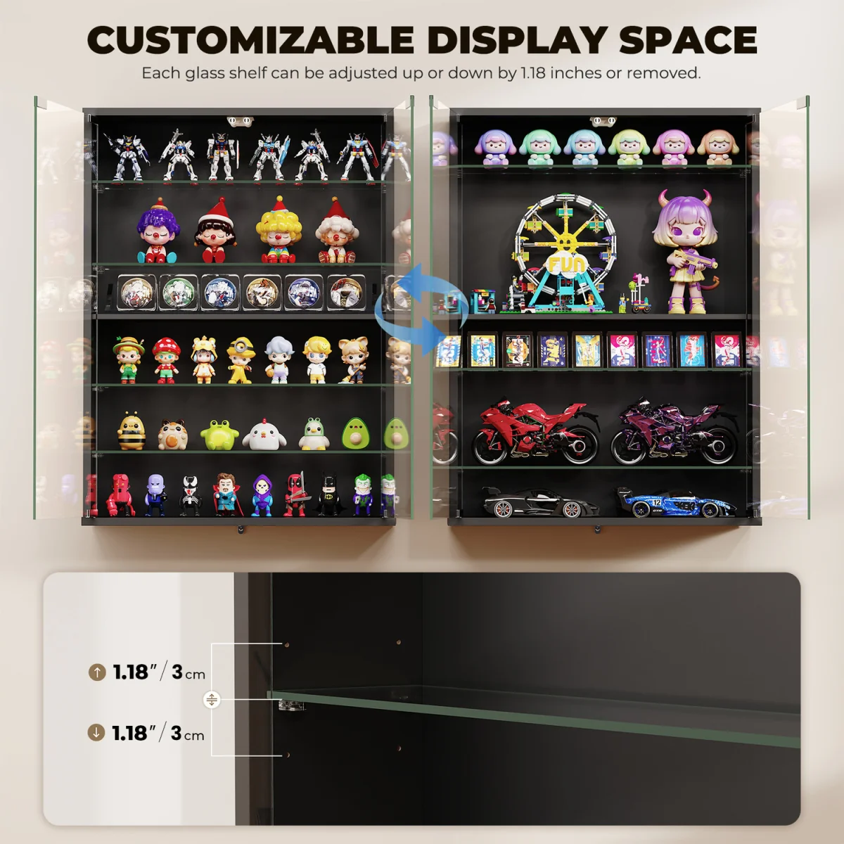 6-Tier Wall Display Case with Glass Doors, LED Sports Card Display Case with Adj - Black / 60cm – image 6