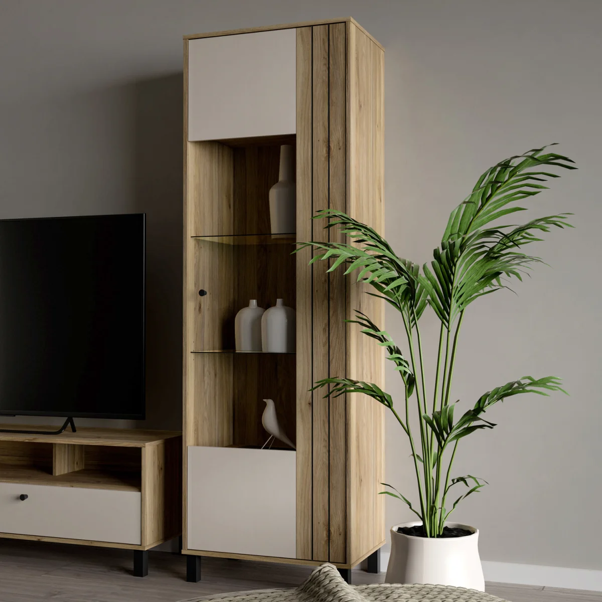 Grafton Glass Door Display Cabinet in Cream and Oak - Cream & Oak – image 6