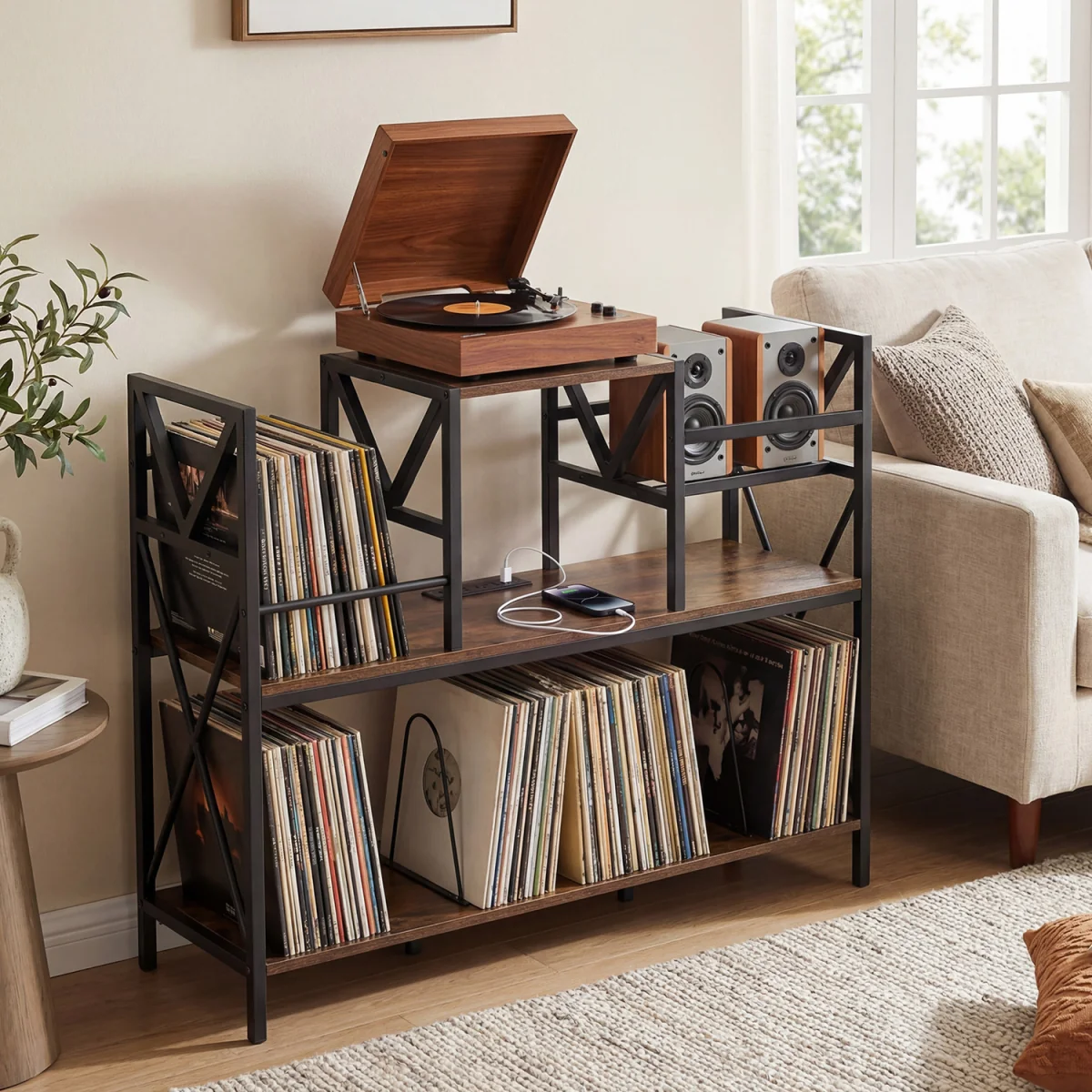 Turntable Record Player Stand with Power Outlets - Brown – image 2