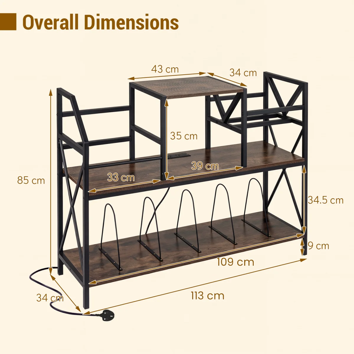 Turntable Record Player Stand with Power Outlets - Brown – image 3