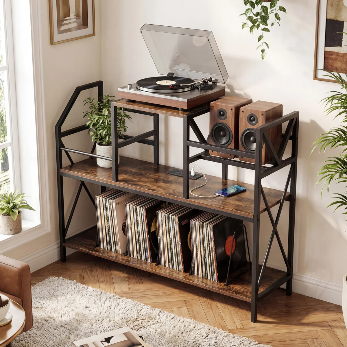 Turntable Record Player Stand with Power Outlets - Brown – image 4