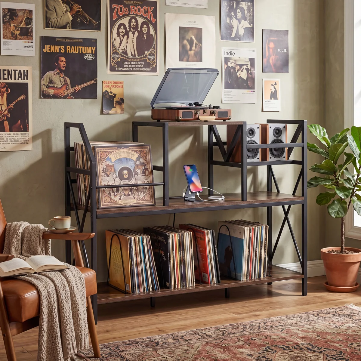 Turntable Record Player Stand with Power Outlets - Brown – image 5