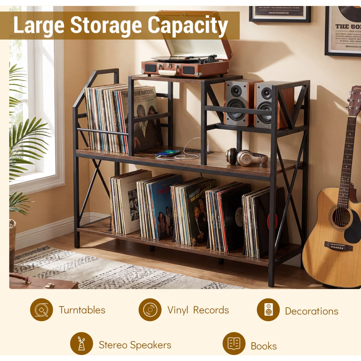 Turntable Record Player Stand with Power Outlets - Brown – image 8