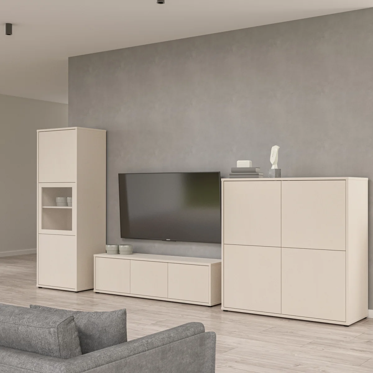 Alice Springs Narrow Display Cabinet with 3 Push-Open Doors in Sand - Sand – image 2