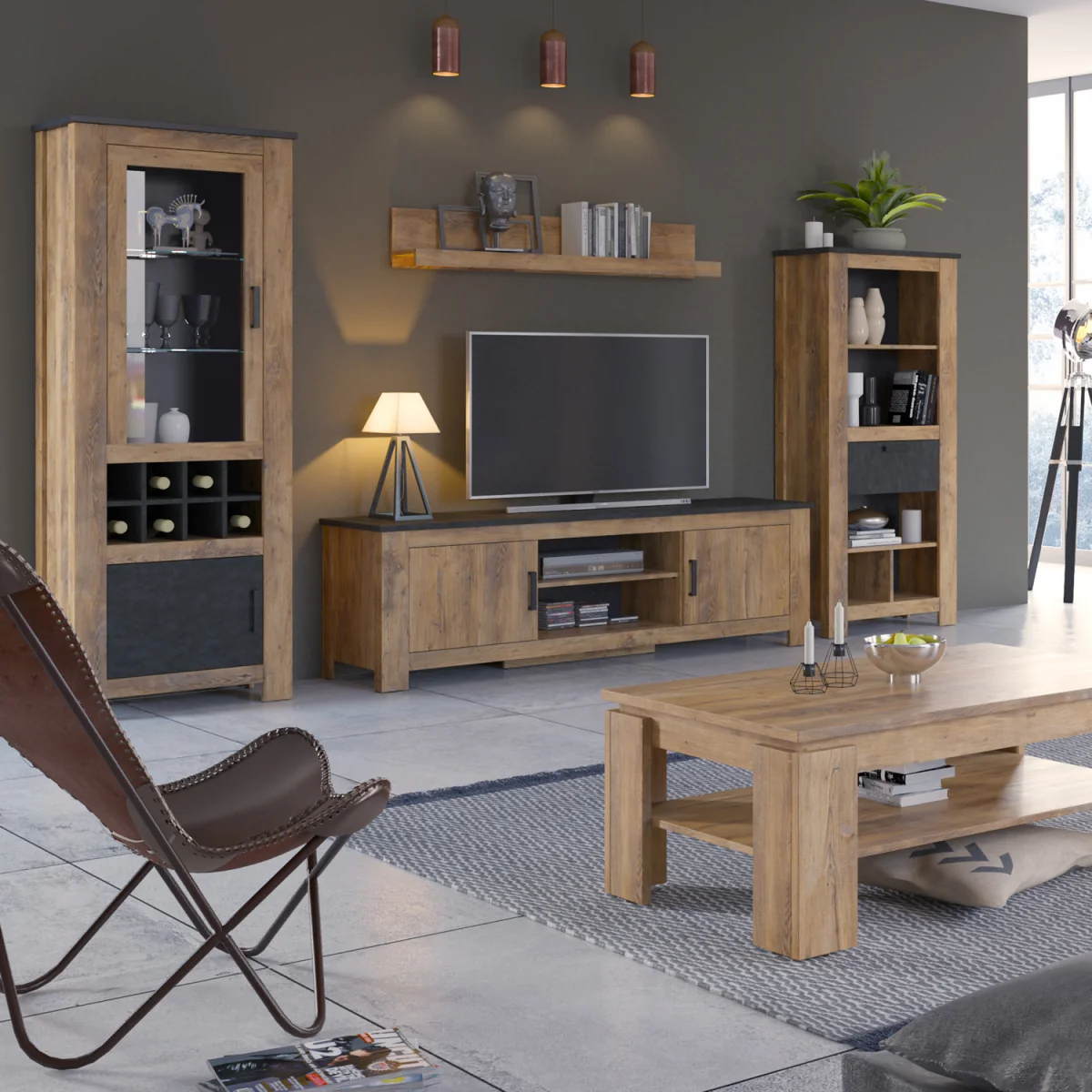 Rapallo 2 Door Display Cabinet with Wine Rack in Chestnut and Matera Grey - Chestnut & Matera Grey – image 3