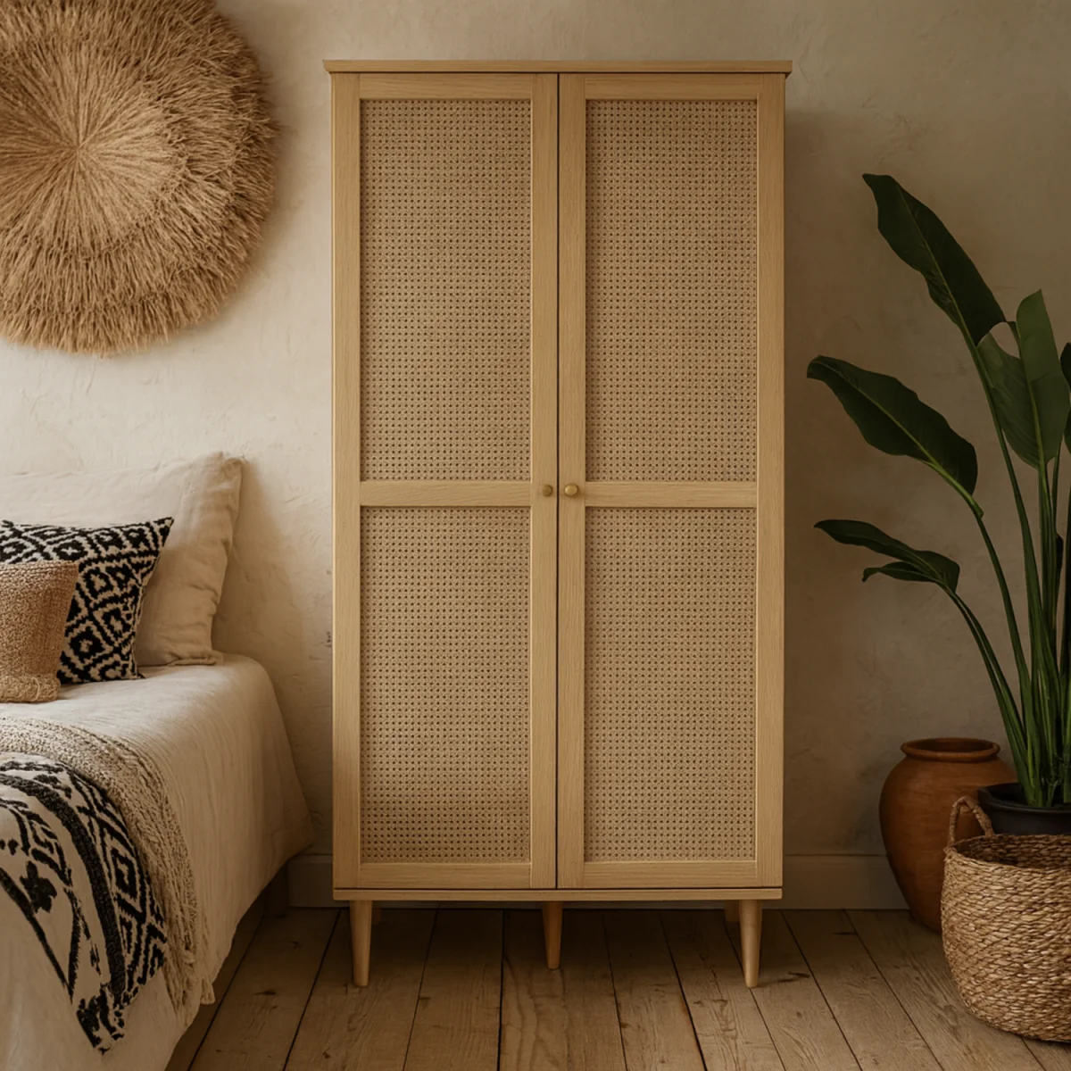 Mallowmoss 2-Door Tall Rattan and Wood Display Cabinet Natural Matt - Neutral – image 2