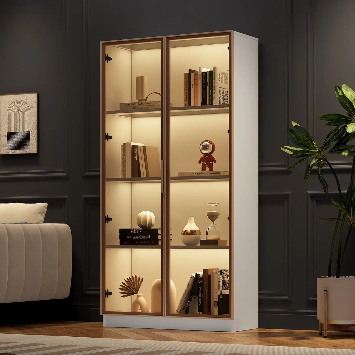 LED Display Cabinet with Tempered Glass Door and Shelves, White - White – image 2