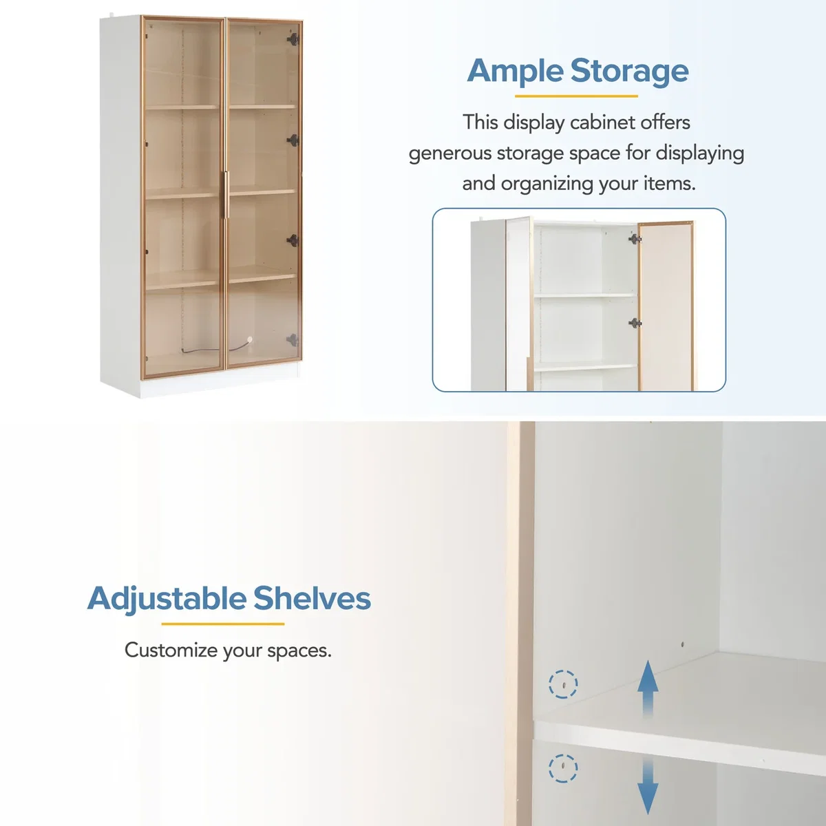 LED Display Cabinet with Tempered Glass Door and Shelves, White - White – image 4