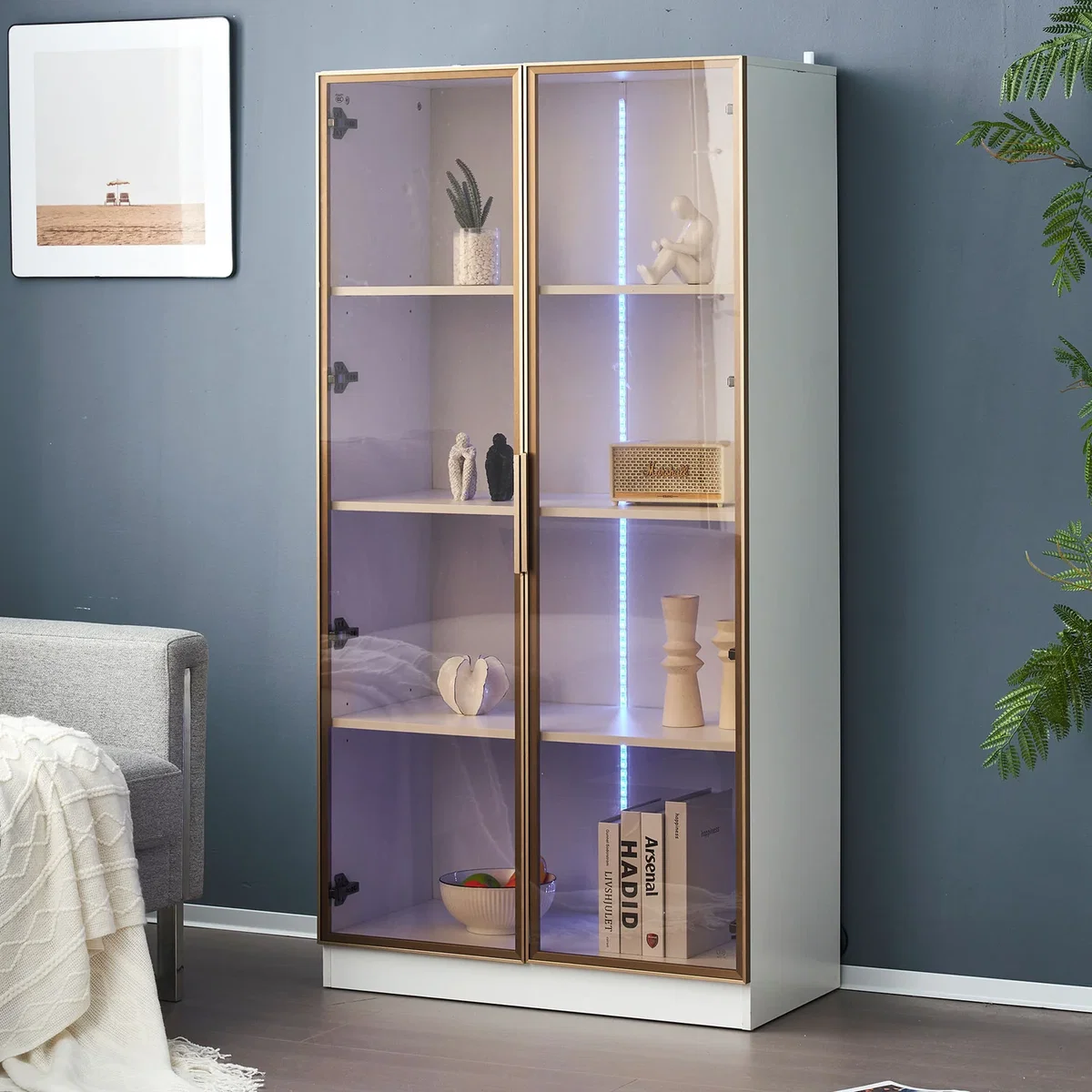 LED Display Cabinet with Tempered Glass Door and Shelves, White - White – image 8