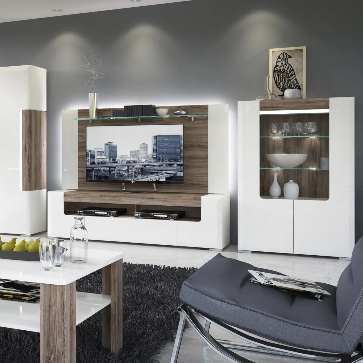 Toronto Low Glazed 2 Door Display Cabinet with Internal Shelves (inc. Plexi Lighting) - White & Oak – image 5
