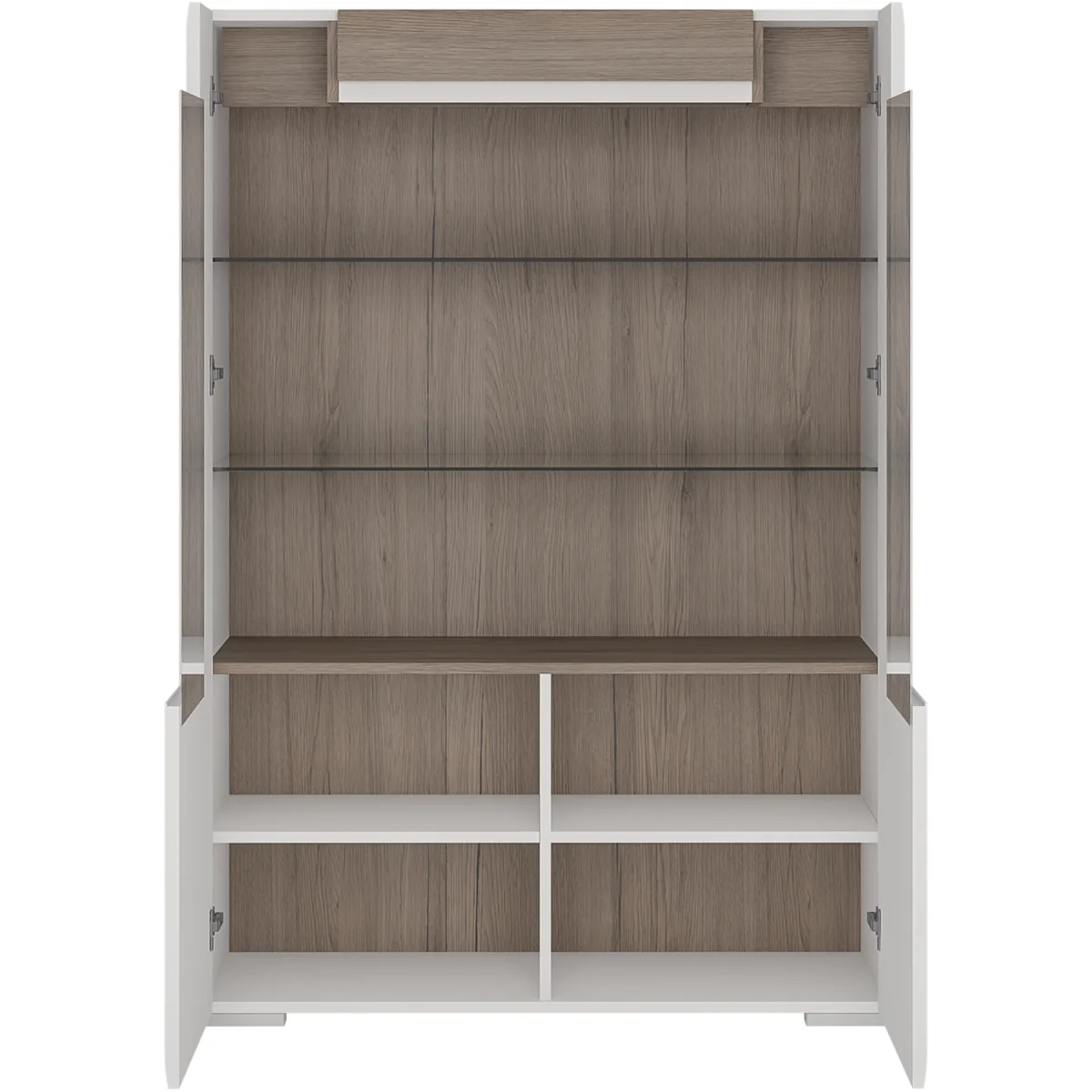 Toronto Low Glazed 2 Door Display Cabinet with Internal Shelves (inc. Plexi Lighting) - White & Oak – image 8