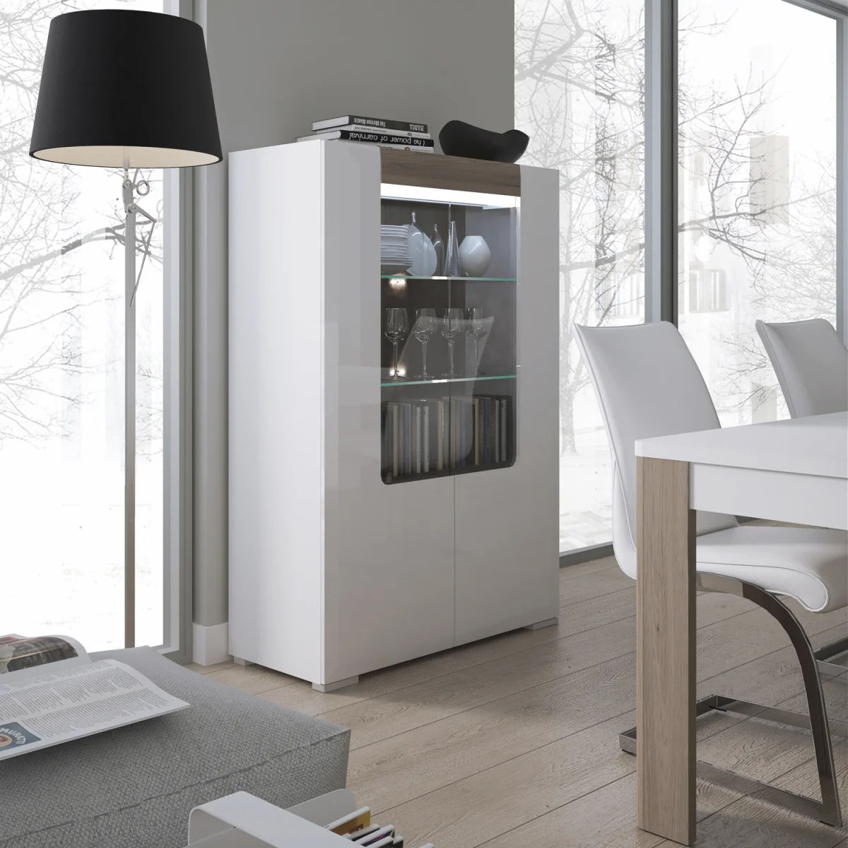 Toronto Low Glazed 2 Door Display Cabinet with Internal Shelves (inc. Plexi Lighting) - White & Oak – image 9