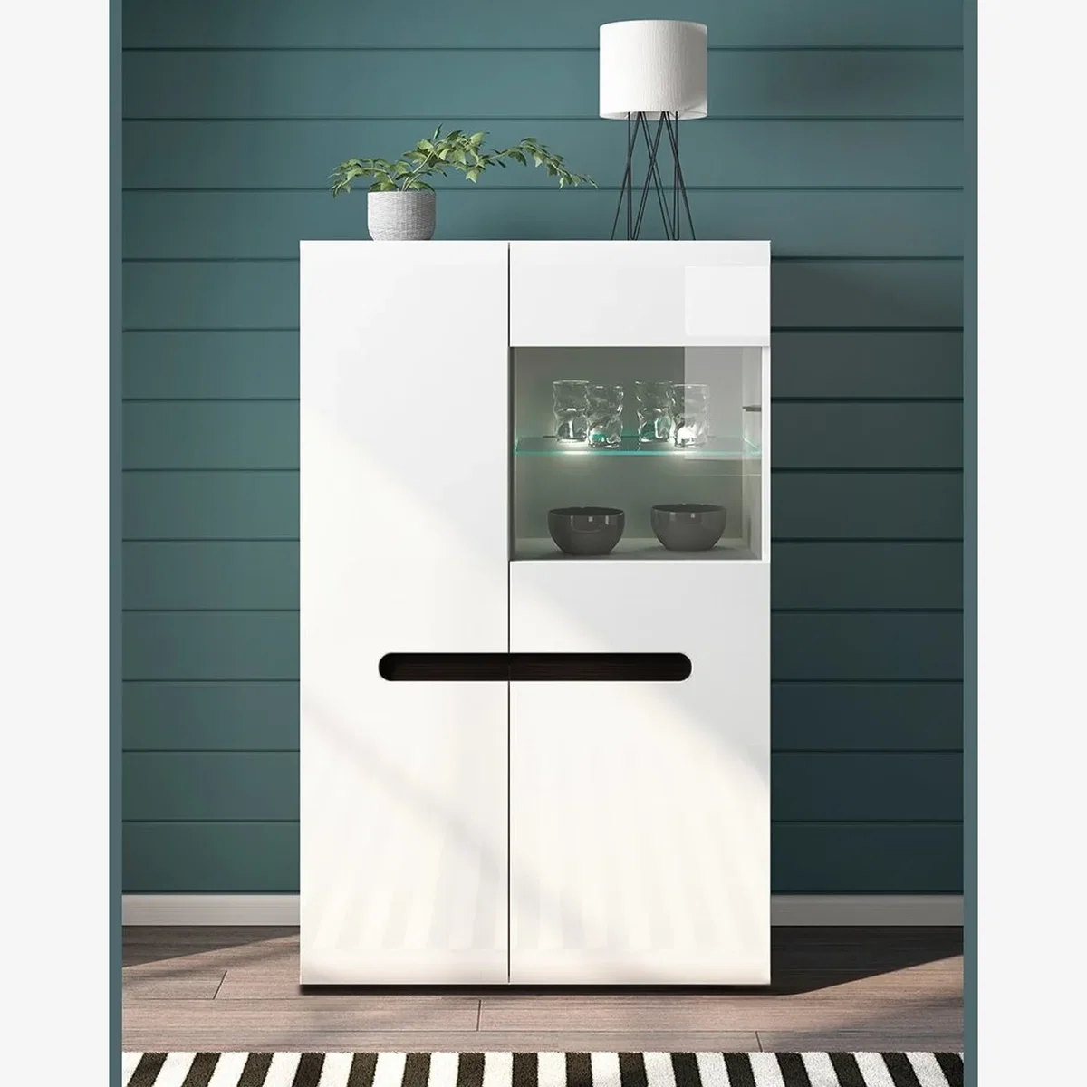 Azteca Large Glass Display Cabinet with LED Lighting White Gloss - White Gloss