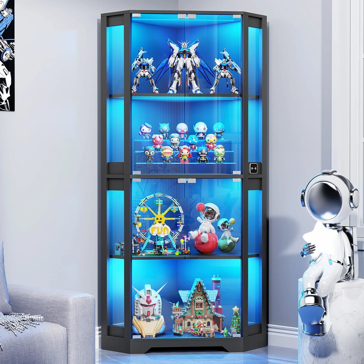 BROTTAR Corner Display Cabinets with Glass Doors and 3 Color LED Lights - Black – image 2