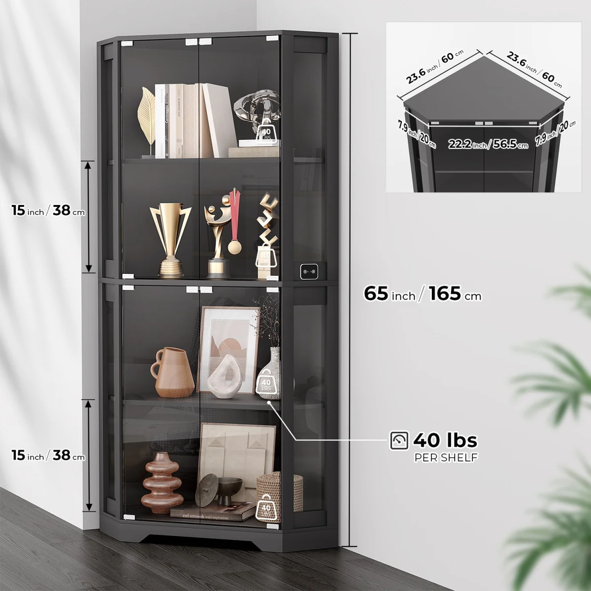 BROTTAR Corner Display Cabinets with Glass Doors and 3 Color LED Lights - Black – image 3