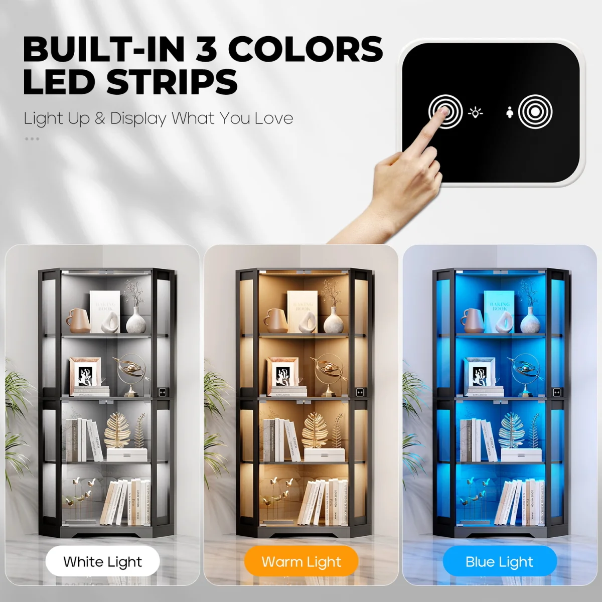 BROTTAR Corner Display Cabinets with Glass Doors and 3 Color LED Lights - Black – image 5
