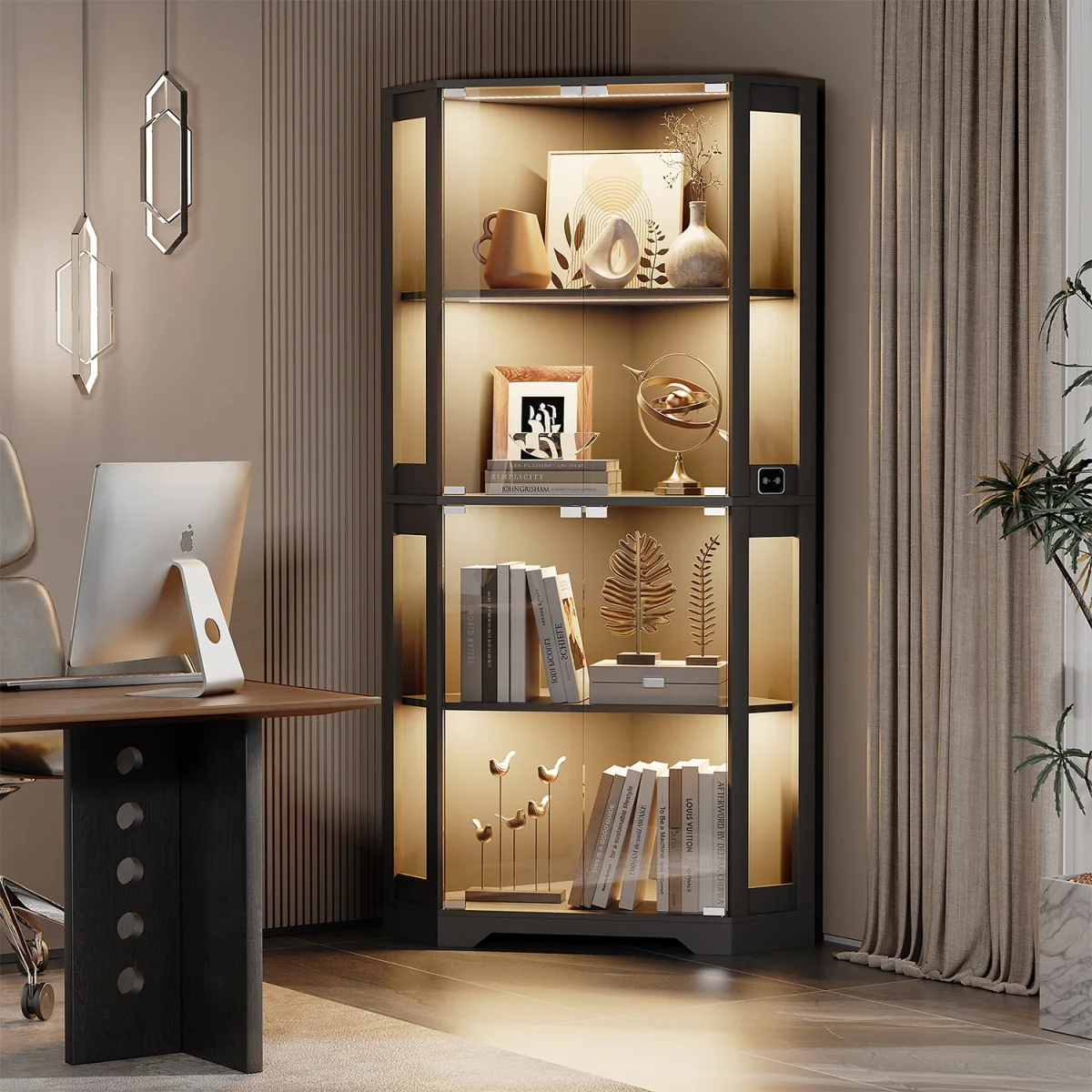 BROTTAR Corner Display Cabinets with Glass Doors and 3 Color LED Lights - Black – image 7