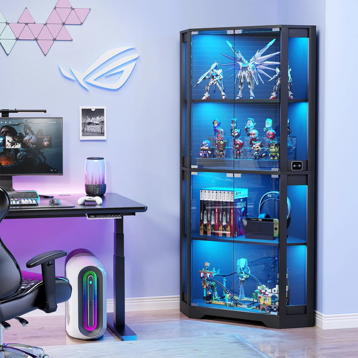BROTTAR Corner Display Cabinets with Glass Doors and 3 Color LED Lights - Black – image 8
