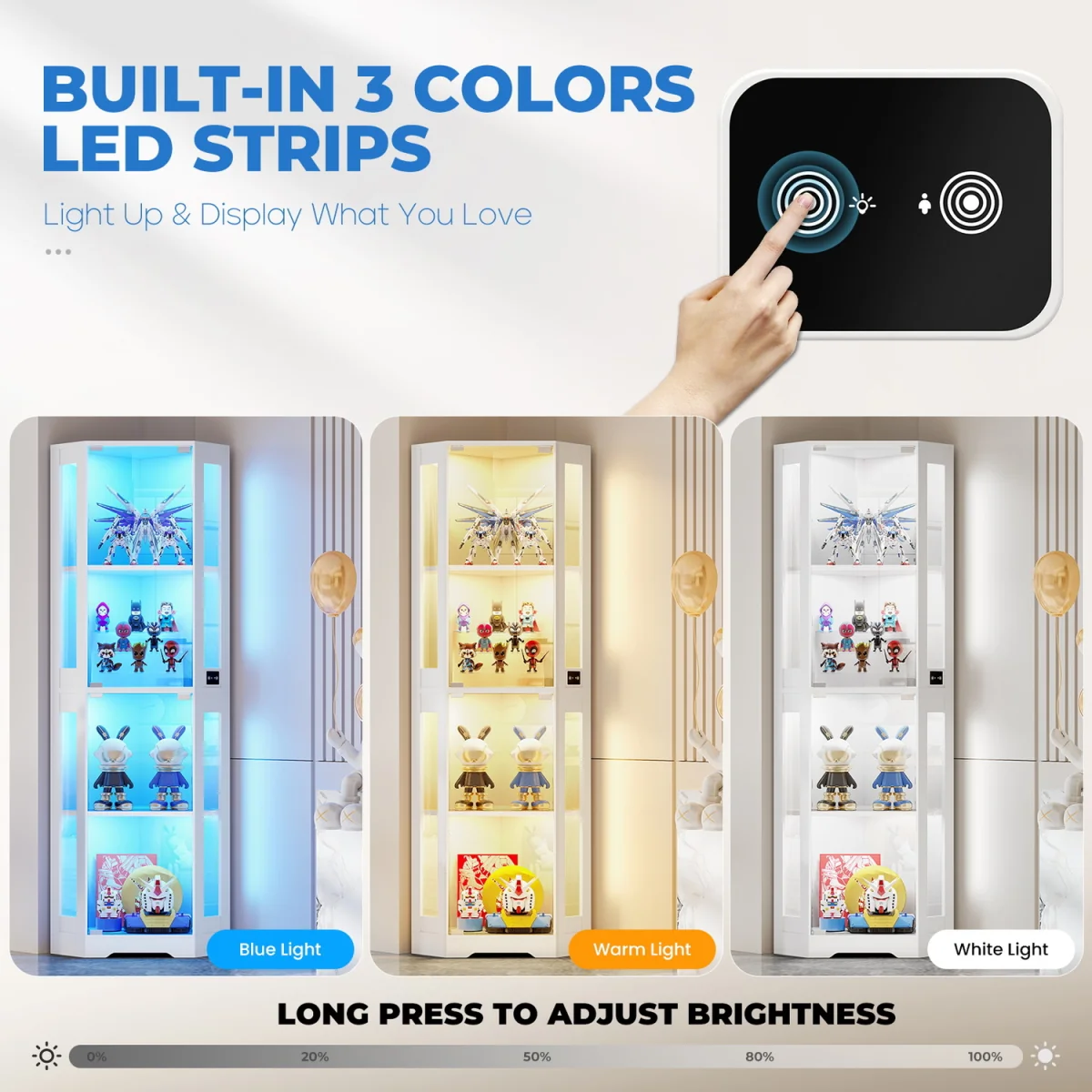 BROTTAR 65" Corner Glass Display Cabinet with LED Lights, 4-Tier Showcase Displa - White – image 3