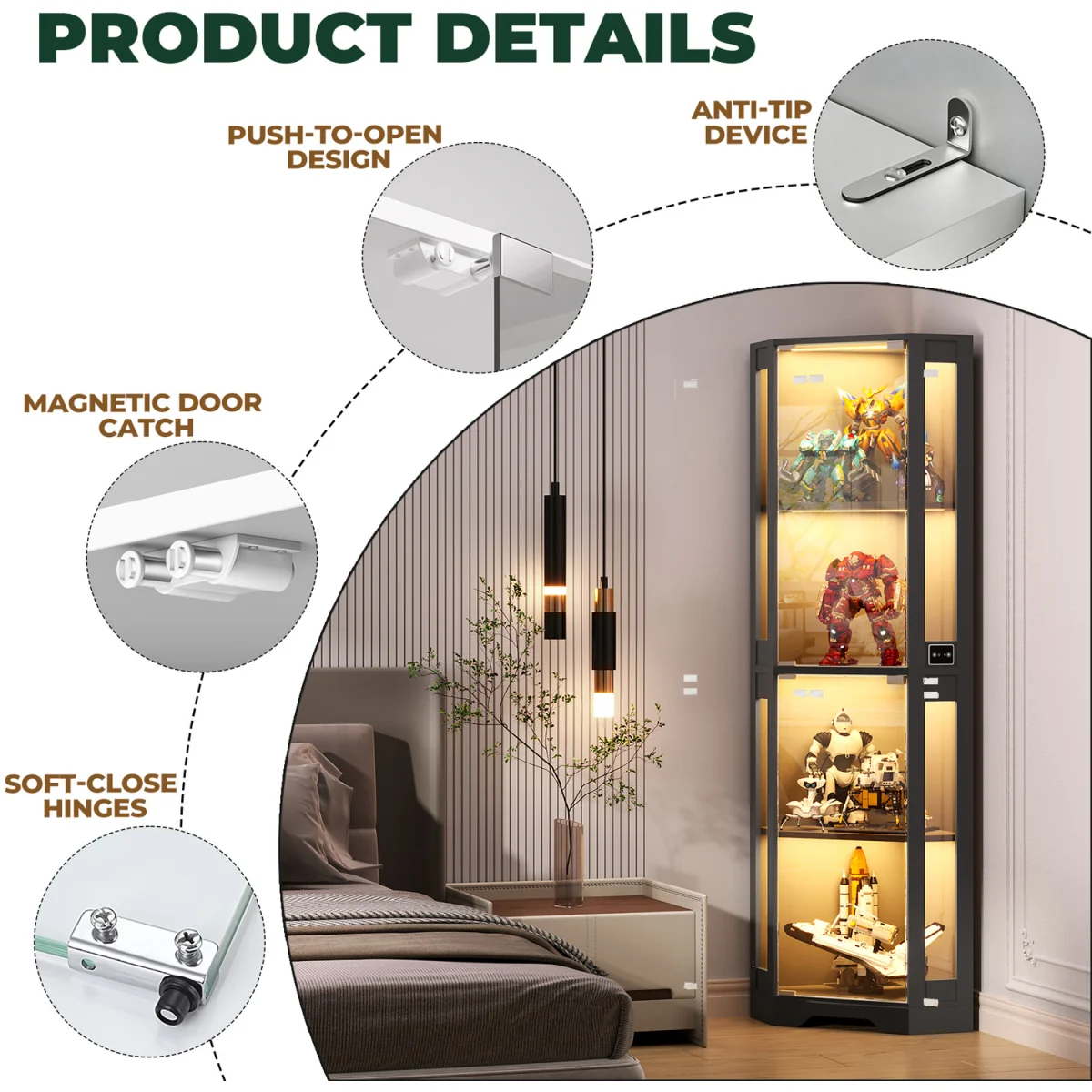 BROTTAR 65" Corner Glass Display Cabinet with LED Lights, 4-Tier Showcase Displa - White – image 6