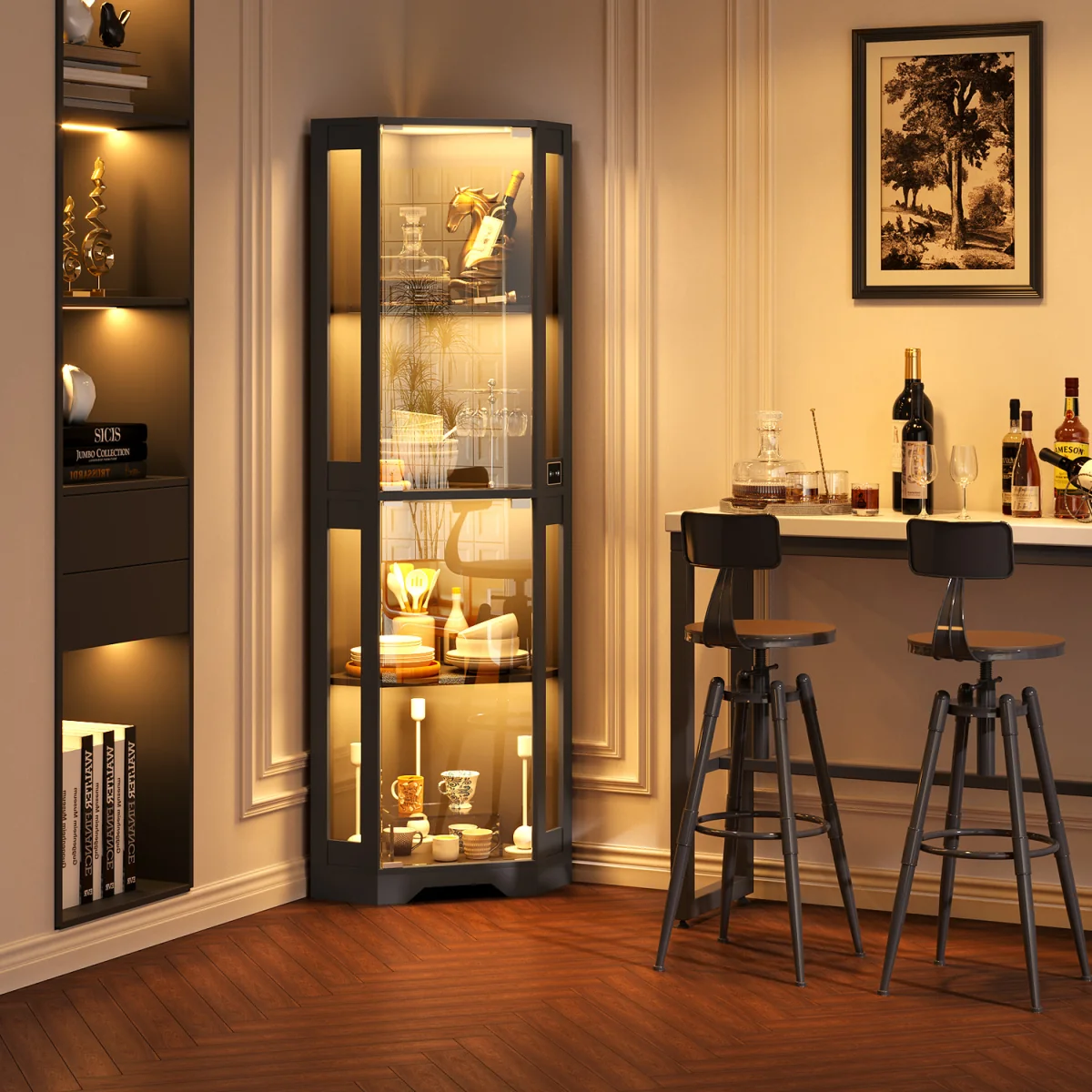 BROTTAR 65" Corner Glass Display Cabinet with LED Lights, 4-Tier Showcase Displa - White – image 9