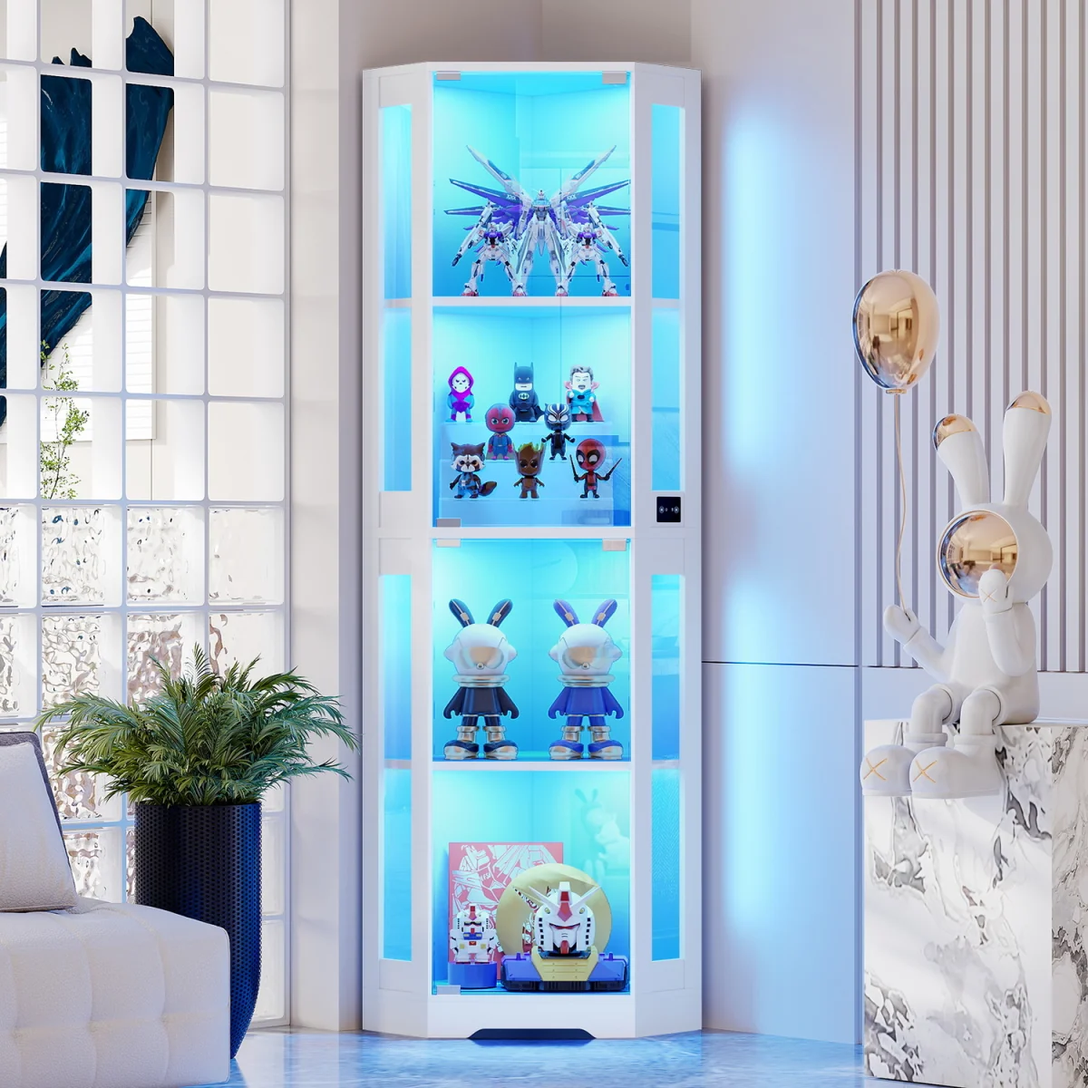 BROTTAR 65" Corner Glass Display Cabinet with LED Lights, 4-Tier Showcase Displa - White – image 1