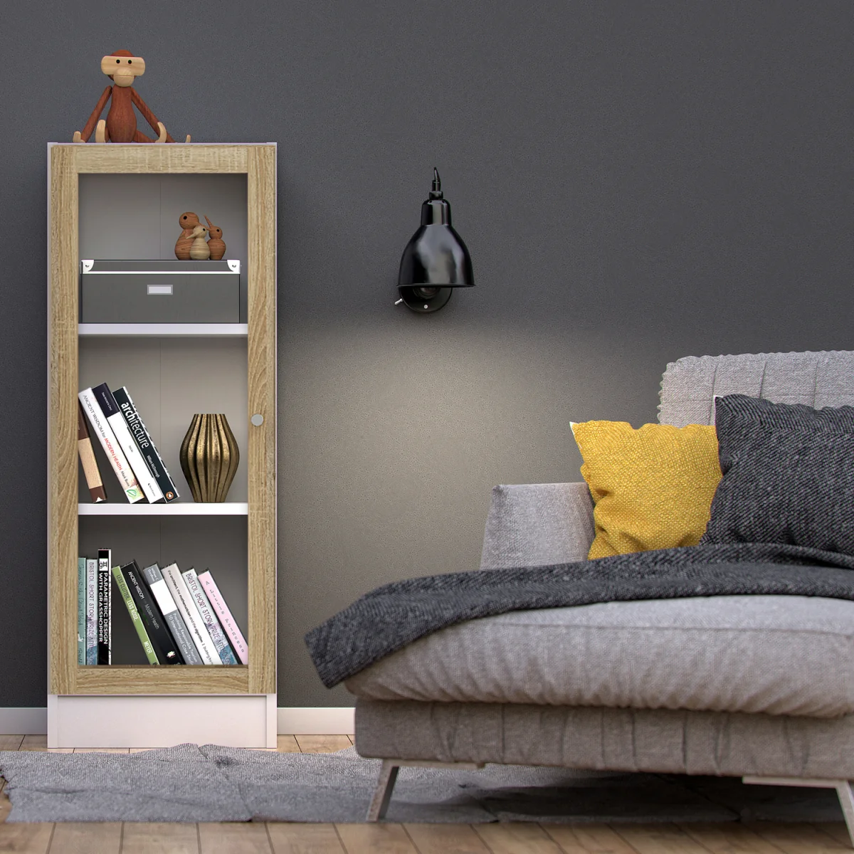 Basic Low Narrow Display Cabinet (2 Shelves) with Glass Door - White with Oak Door – image 6