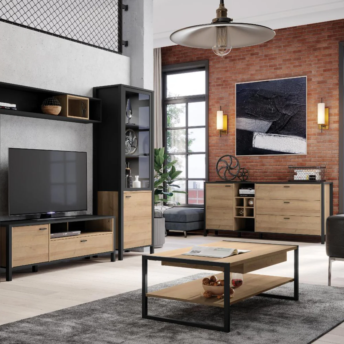 High Rock Wide Display Cabinet in Matt Black/Riviera Oak - Black & Riviera Oak – image 6