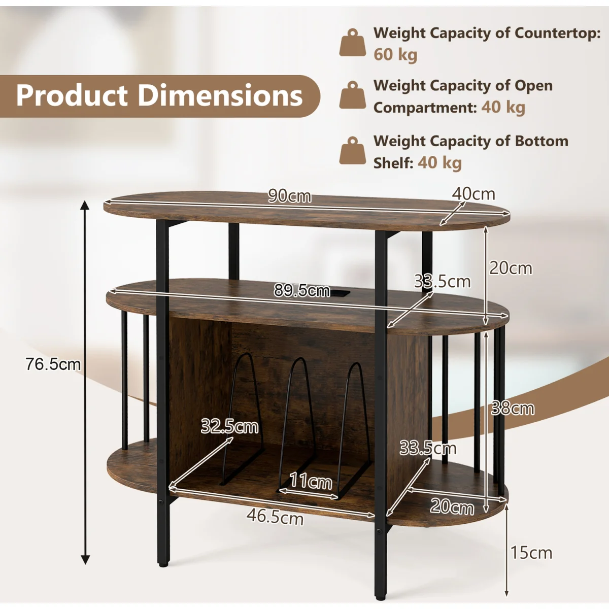 Large Turntable Record Player Stand with LED Lights-Brown - Brown – image 2