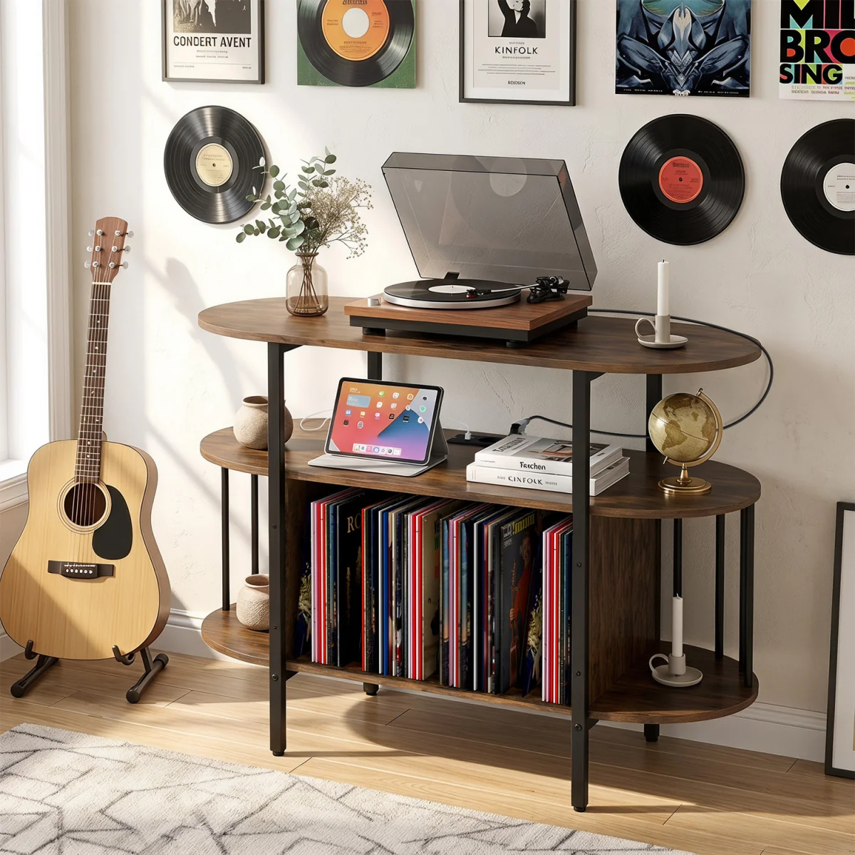 Large Turntable Record Player Stand with LED Lights-Brown - Brown – image 3