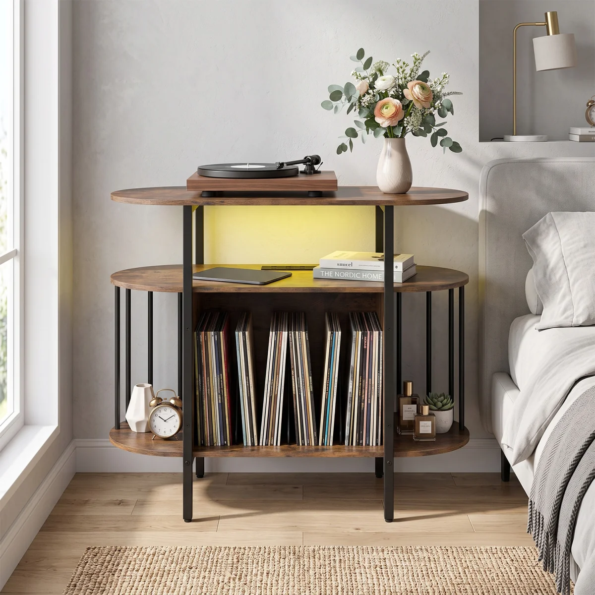 Large Turntable Record Player Stand with LED Lights-Brown - Brown – image 4
