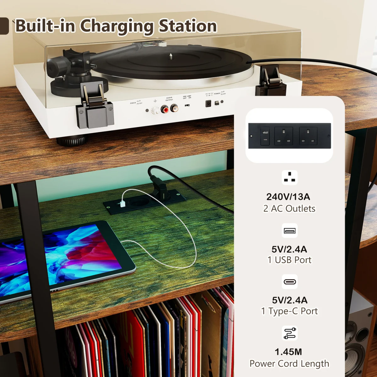 Large Turntable Record Player Stand with LED Lights-Brown - Brown – image 5