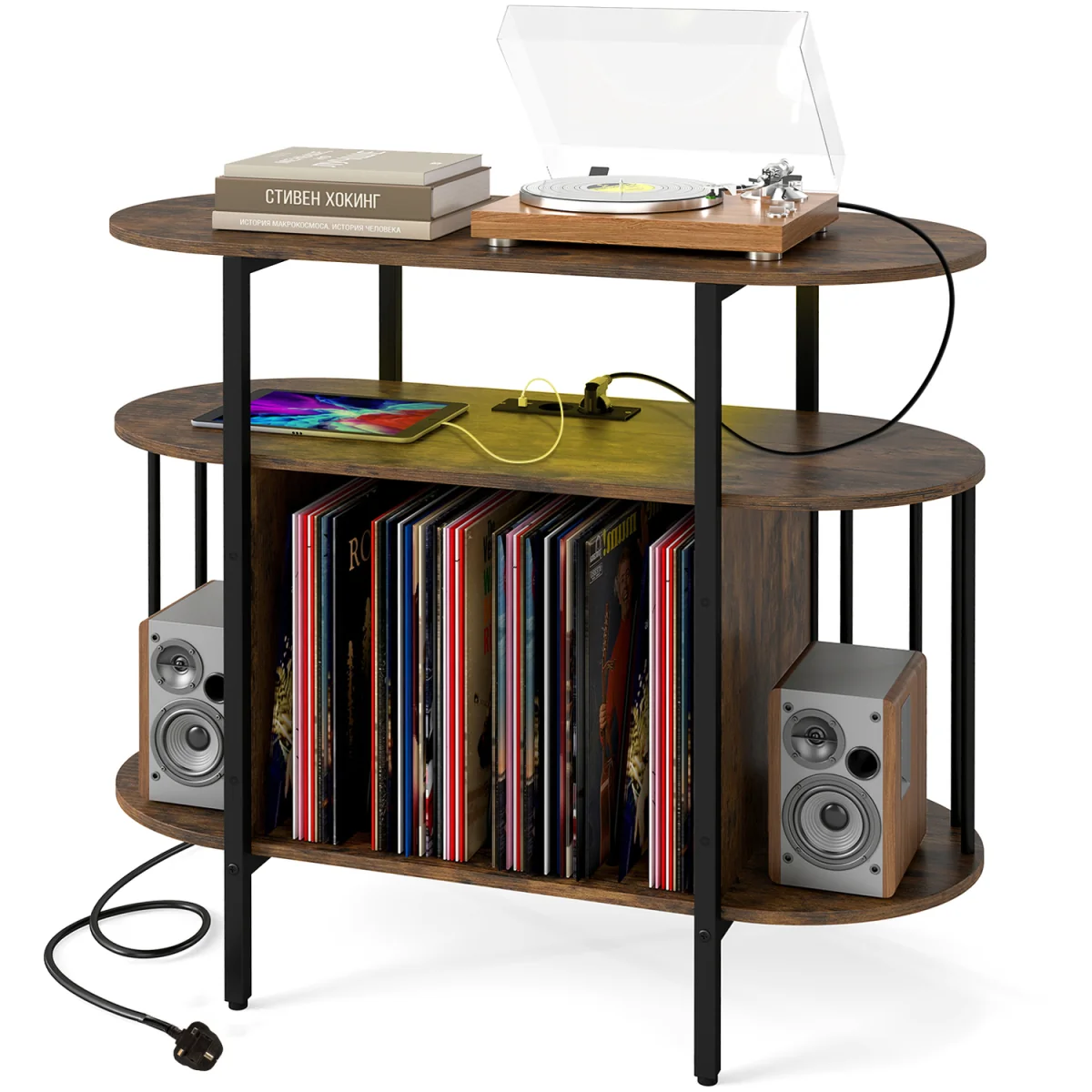 Large Turntable Record Player Stand with LED Lights-Brown - Brown – image 6