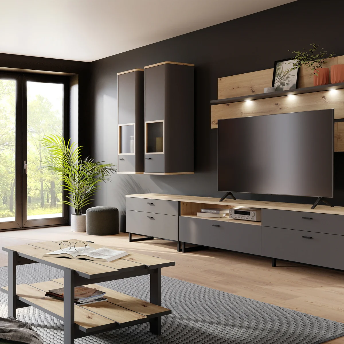 Klara Display Cabinet with 1 Glass Door in Grey and Oak inc LED Lighting - Grey & Oak – image 5
