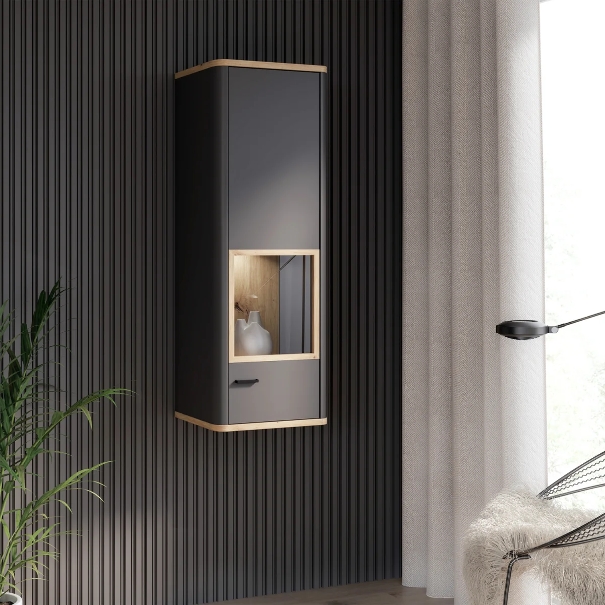 Klara Display Cabinet with 1 Glass Door in Grey and Oak inc LED Lighting - Grey & Oak – image 6