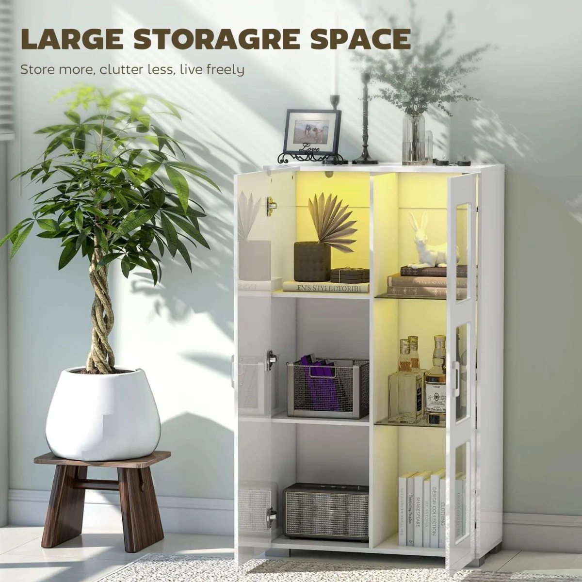 Sora Coma High Gloss and Matte White Tall Display Cabinet with LED Lighting – image 7