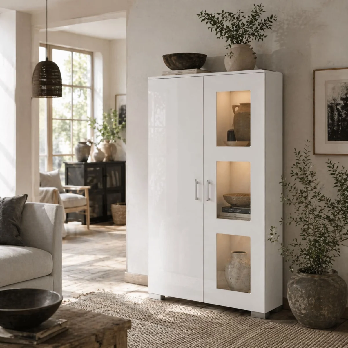Sora Coma High Gloss and Matte White Tall Display Cabinet with LED Lighting – image 1